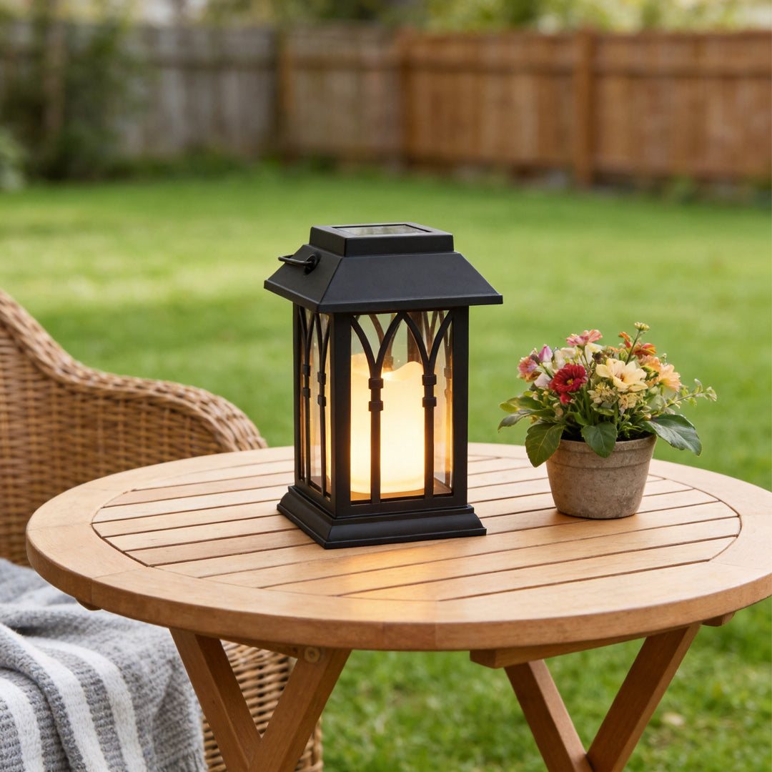 Portable Solar Candlestick Lantern, Industrial Black LED Outdoor Table Lamp for Patios and Balconies, Warm White Glow