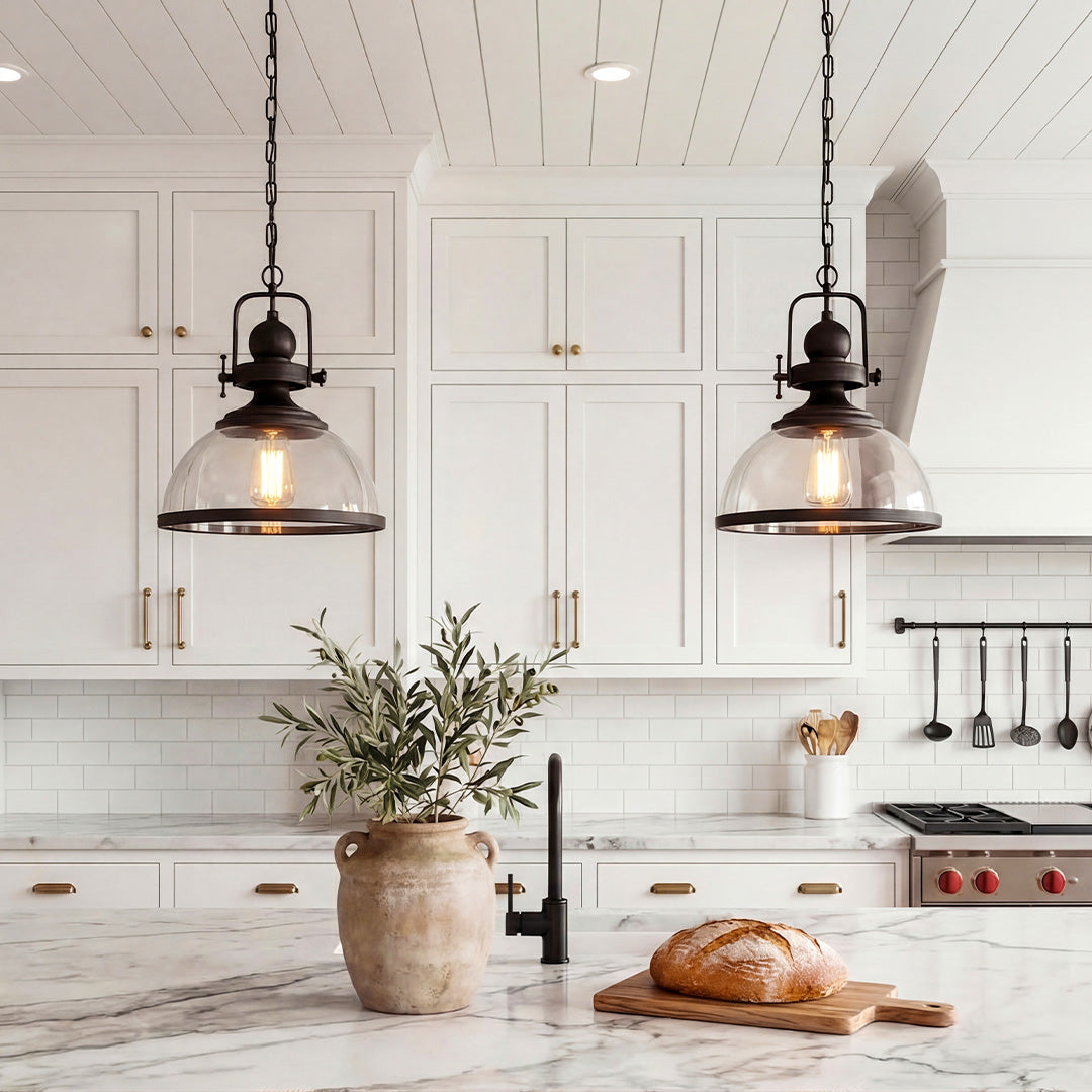 Clear Glass Pendant Light, Industrial Bowl-Shade Ceiling Fixture for Kitchens and Dining Rooms, Black Iron Frame Detail