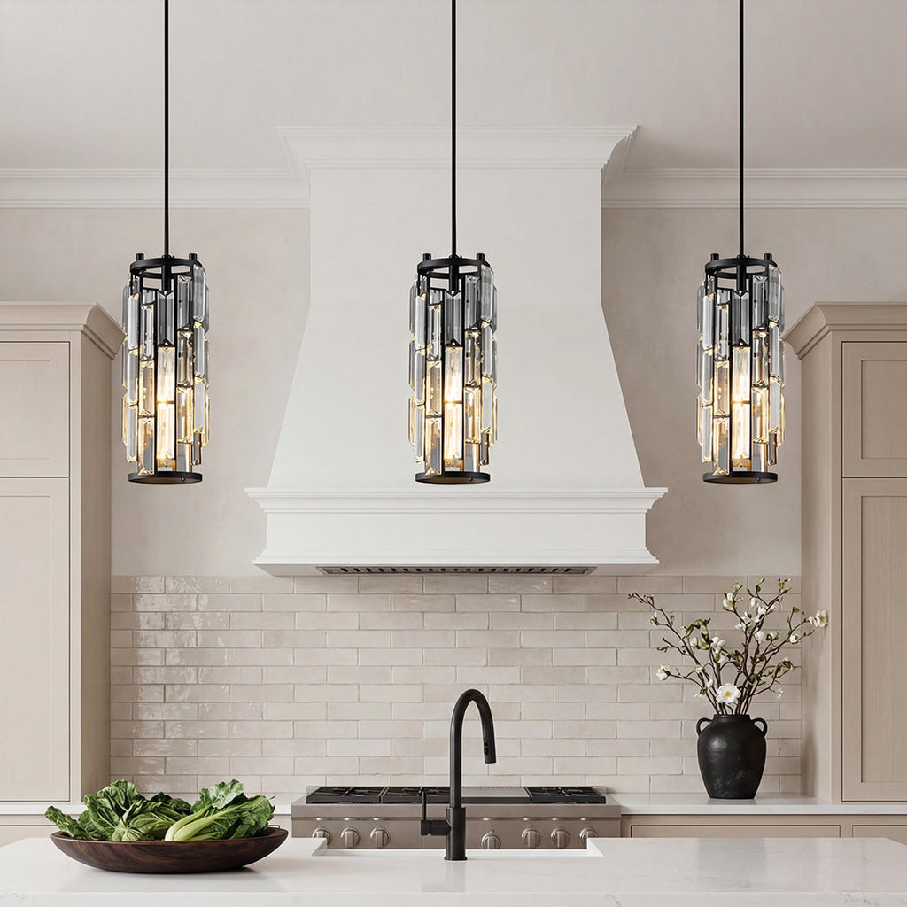 Mini Crystal Pendant Light, Industrial Iron and Crystal Glass Hanging Light for Kitchen Island and Bar, 1 or 3-Light in Black, Gold or Chrome