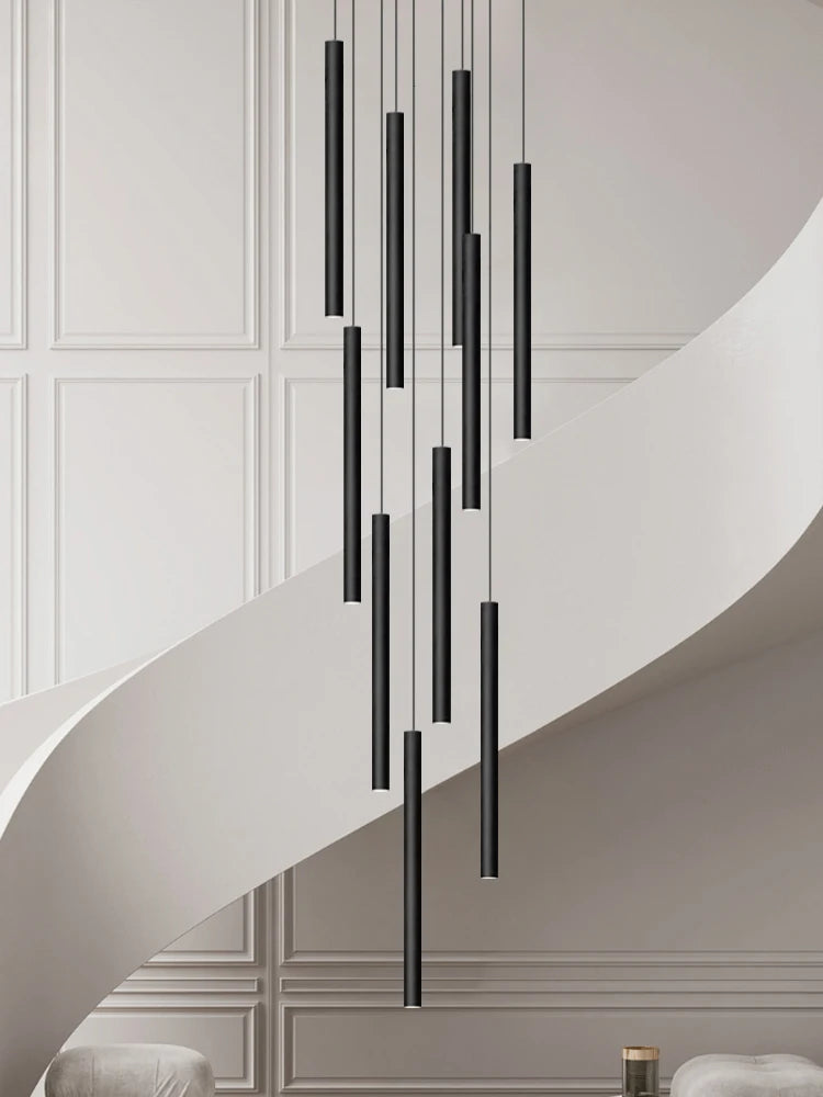 Modern Staircase Chandelier, Long Cylindrical LED Pendant Light for High Ceilings, Foyer and Stairwell, Adjustable Multi-Light Suspension