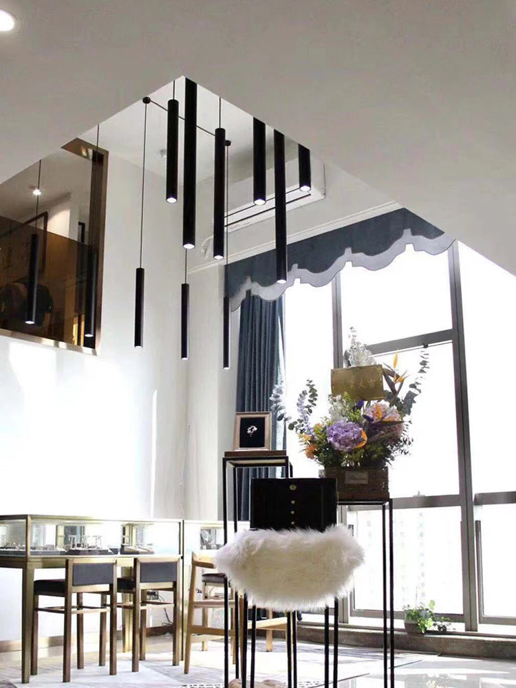 Modern Staircase Chandelier, Long Cylindrical LED Pendant Light for High Ceilings, Foyer and Stairwell, Adjustable Multi-Light Suspension