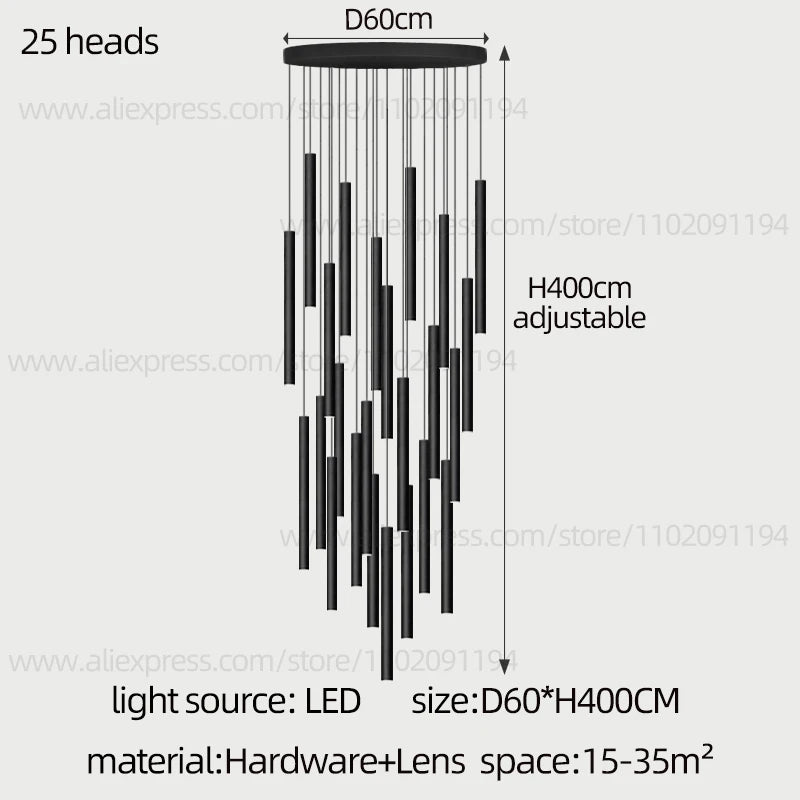 Modern Staircase Chandelier, Long Cylindrical LED Pendant Light for High Ceilings, Foyer and Stairwell, Adjustable Multi-Light Suspension