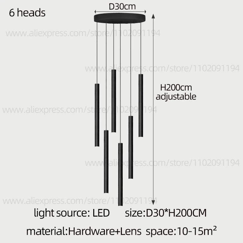 Modern Staircase Chandelier, Long Cylindrical LED Pendant Light for High Ceilings, Foyer and Stairwell, Adjustable Multi-Light Suspension