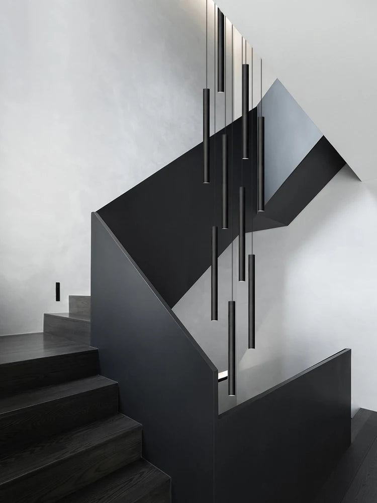 Modern Staircase Chandelier, Long Cylindrical LED Pendant Light for High Ceilings, Foyer and Stairwell, Adjustable Multi-Light Suspension