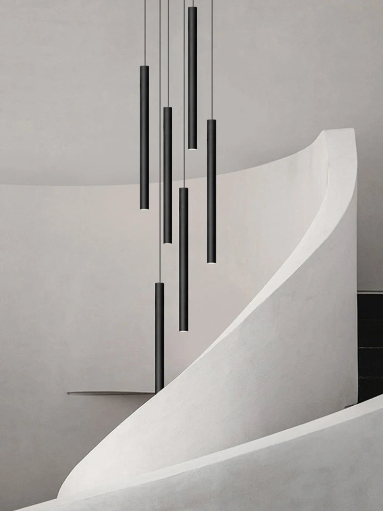 Modern Staircase Chandelier, Long Cylindrical LED Pendant Light for High Ceilings, Foyer and Stairwell, Adjustable Multi-Light Suspension