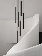 Cylindrical LED pendant tubes of the staircase chandelier, second view