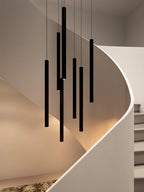 Long cylindrical LED staircase chandelier with multi-light suspension, main product view