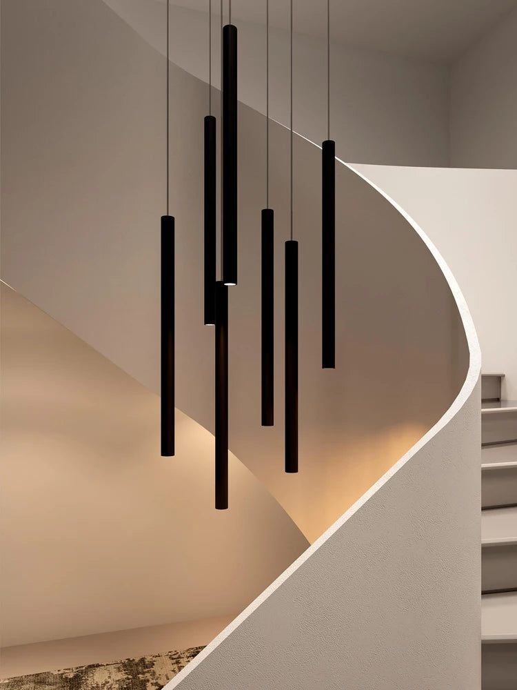 Modern Staircase Chandelier, Long Cylindrical LED Pendant Light for High Ceilings, Foyer and Stairwell, Adjustable Multi-Light Suspension