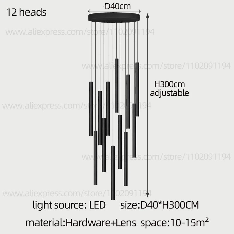 Modern Staircase Chandelier, Long Cylindrical LED Pendant Light for High Ceilings, Foyer and Stairwell, Adjustable Multi-Light Suspension