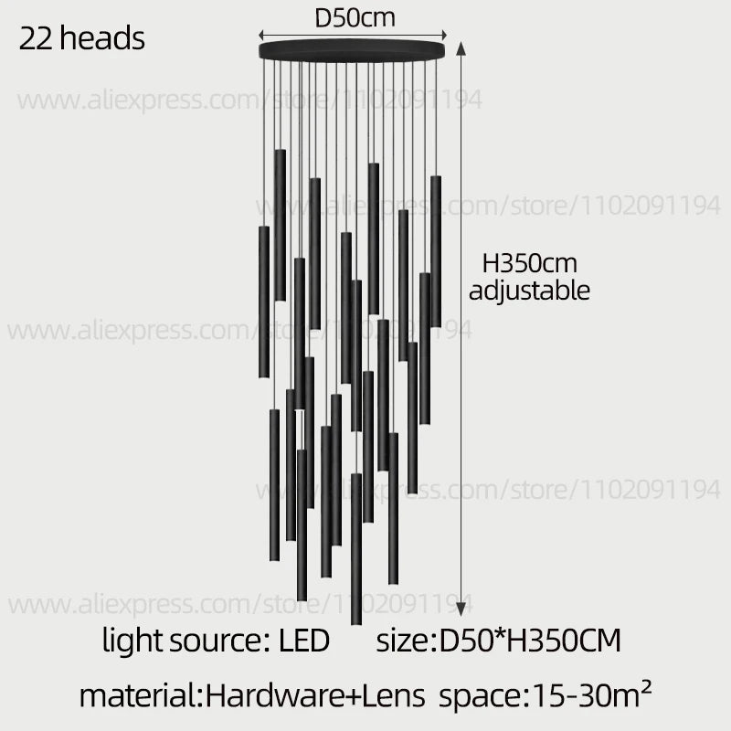 Modern Staircase Chandelier, Long Cylindrical LED Pendant Light for High Ceilings, Foyer and Stairwell, Adjustable Multi-Light Suspension