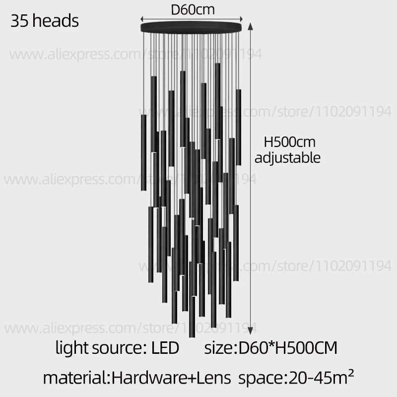 Modern Staircase Chandelier, Long Cylindrical LED Pendant Light for High Ceilings, Foyer and Stairwell, Adjustable Multi-Light Suspension