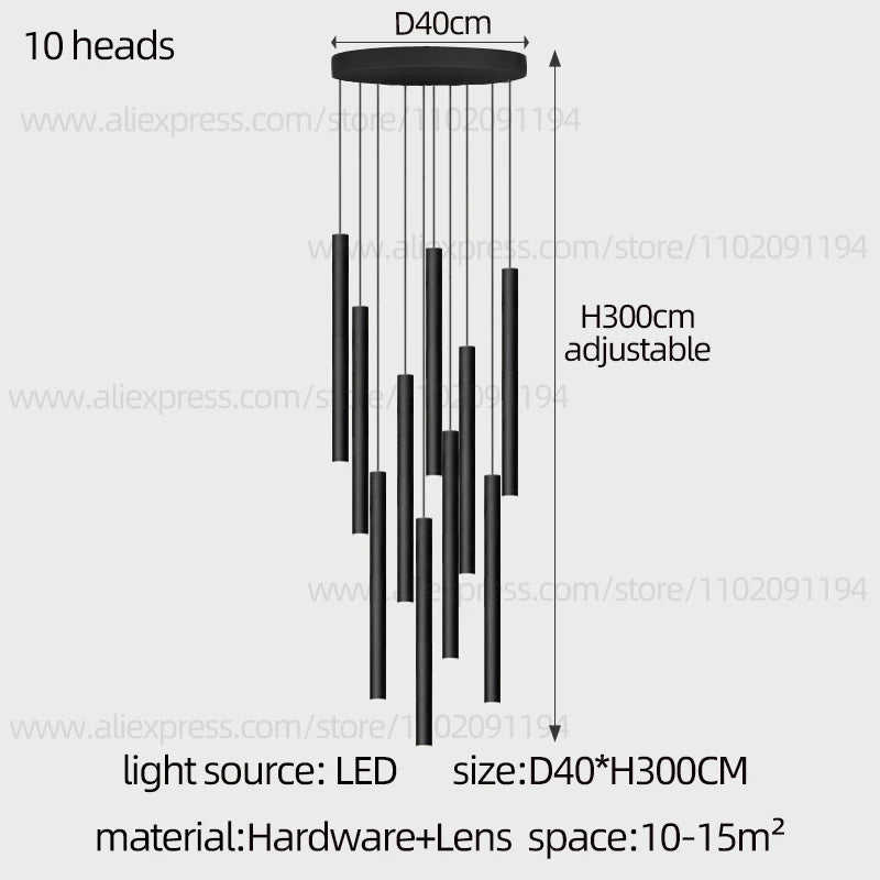 Modern Staircase Chandelier, Long Cylindrical LED Pendant Light for High Ceilings, Foyer and Stairwell, Adjustable Multi-Light Suspension
