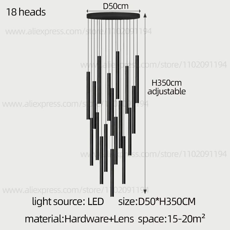 Modern Staircase Chandelier, Long Cylindrical LED Pendant Light for High Ceilings, Foyer and Stairwell, Adjustable Multi-Light Suspension