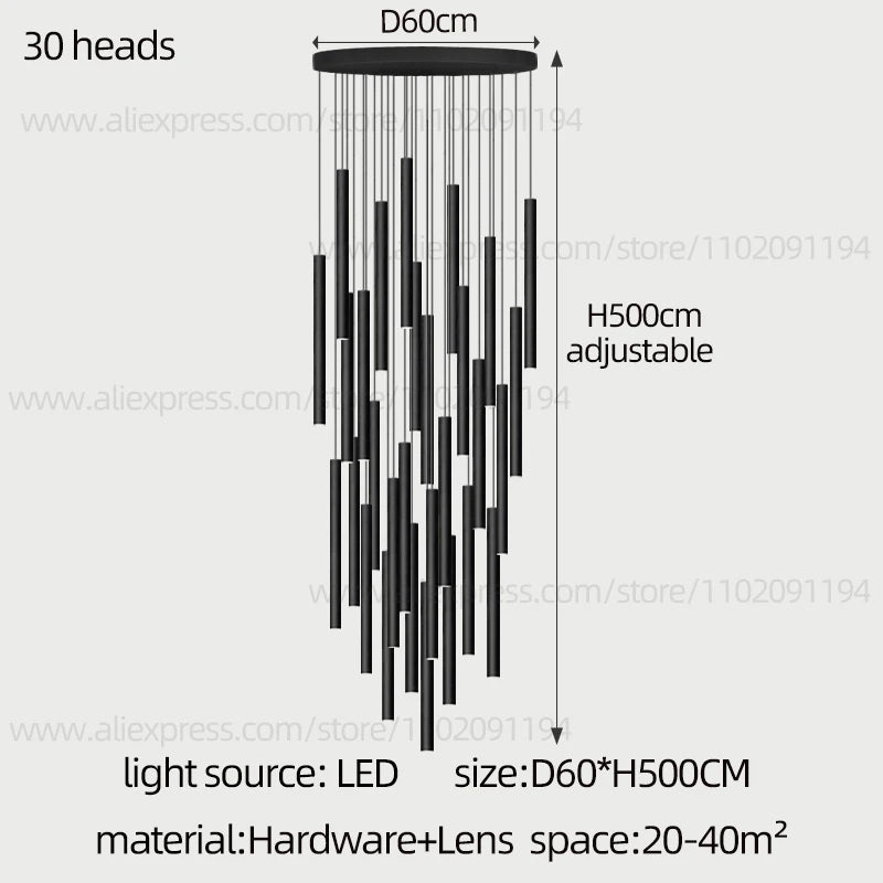 Modern Staircase Chandelier, Long Cylindrical LED Pendant Light for High Ceilings, Foyer and Stairwell, Adjustable Multi-Light Suspension