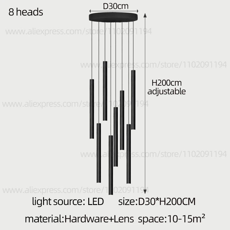 Modern Staircase Chandelier, Long Cylindrical LED Pendant Light for High Ceilings, Foyer and Stairwell, Adjustable Multi-Light Suspension