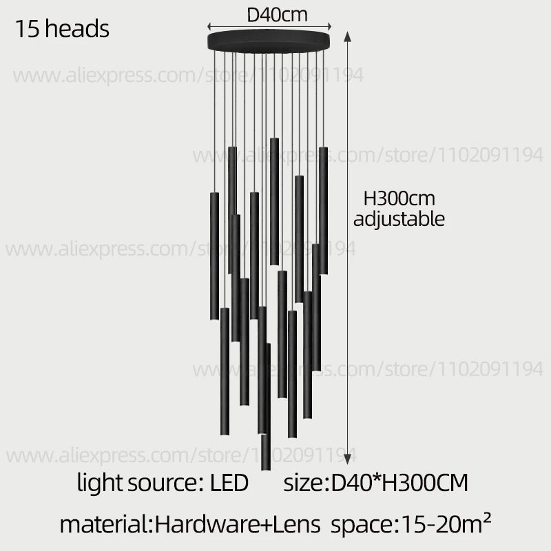 Modern Staircase Chandelier, Long Cylindrical LED Pendant Light for High Ceilings, Foyer and Stairwell, Adjustable Multi-Light Suspension