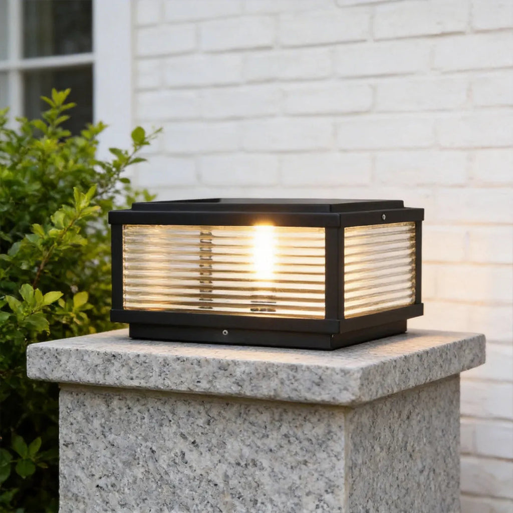 Square Pillar Post Light, Ribbed Glass and Stainless Steel Column Lantern for Gate Posts and Driveways, Solar or Hardwired