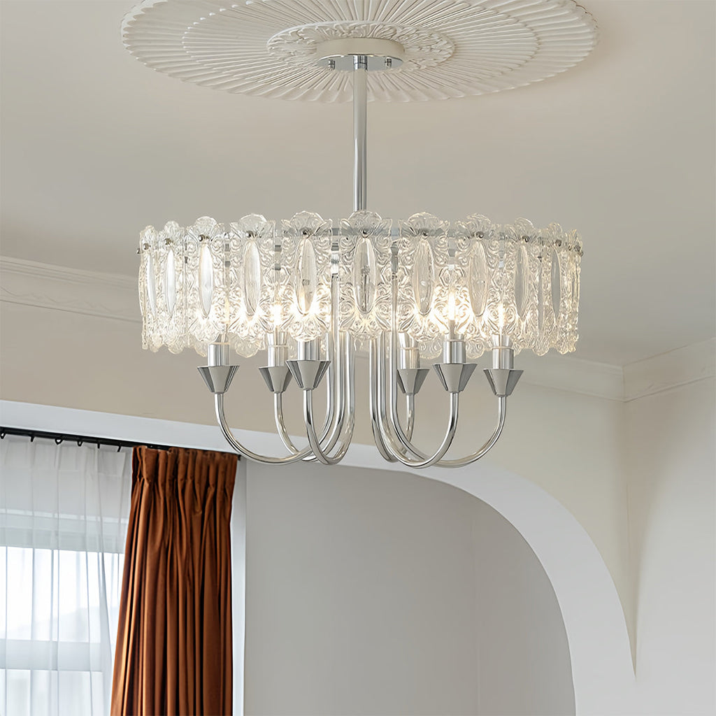 Chrome iron drum chandelier with clear glass, fourth view