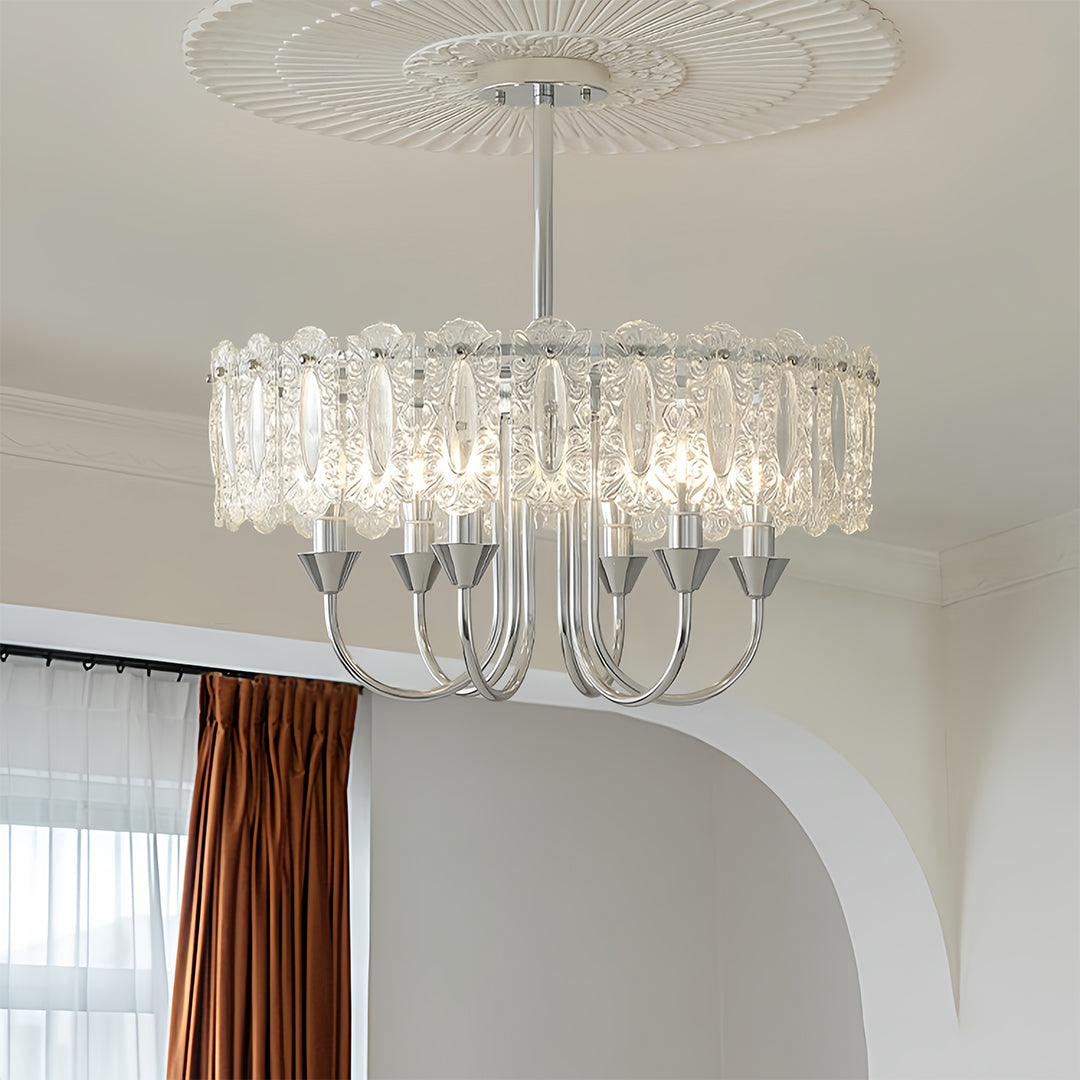 Chrome iron drum chandelier with clear glass, fourth view