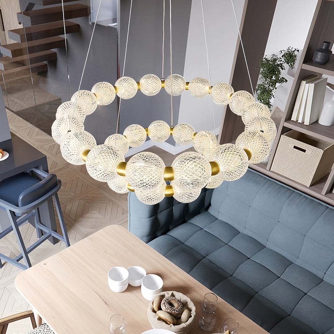 Gold metal glass ring chandelier, sixth product view