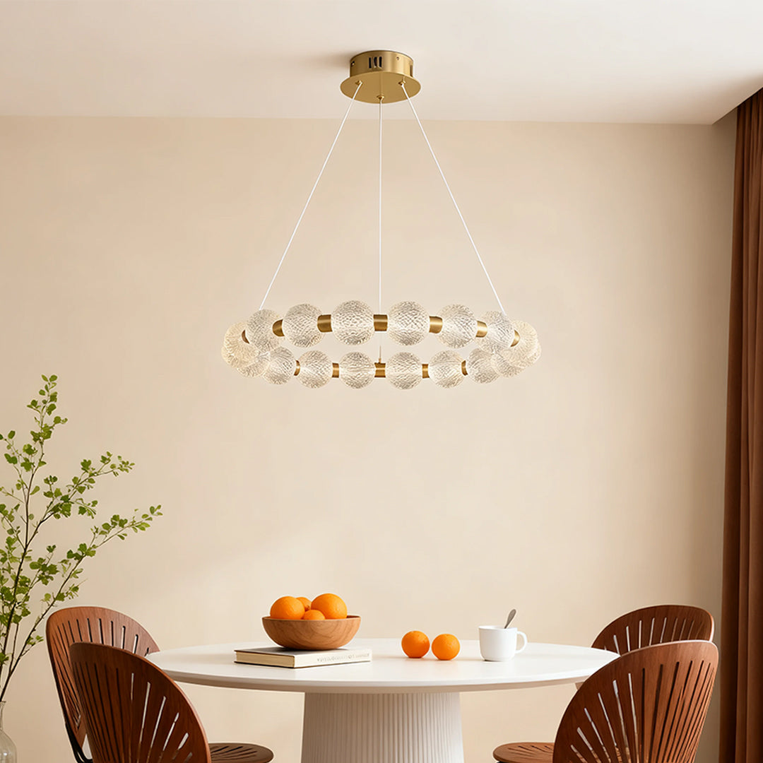 Gold metal glass ring chandelier, third product view