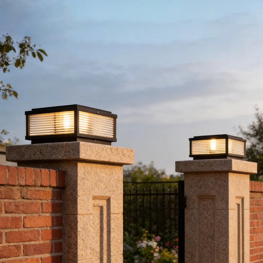 Square Pillar Post Light, Ribbed Glass and Stainless Steel Column Lantern for Gate Posts and Driveways, Solar or Hardwired