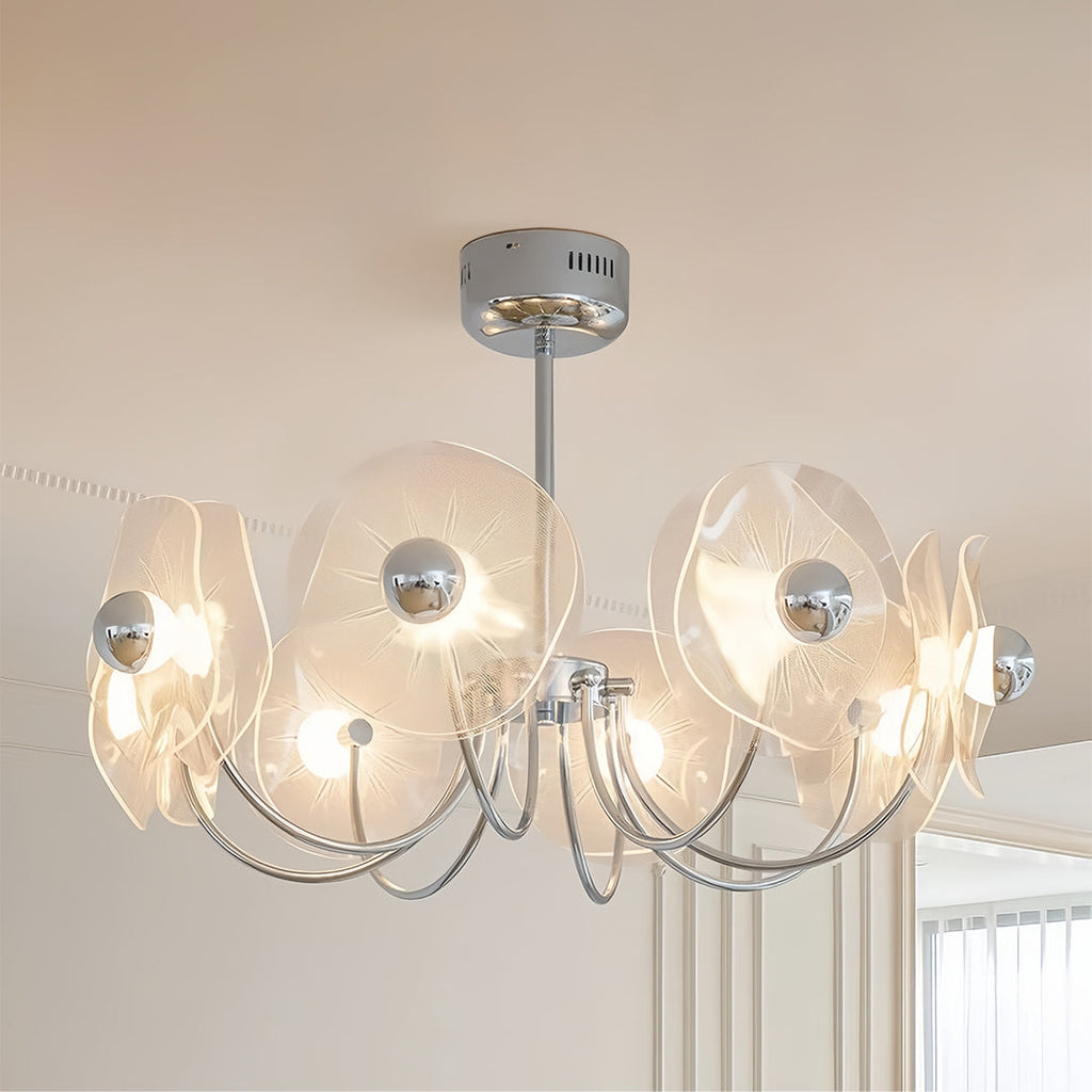 Chrome and white faceted acrylic LED chandelier, third view