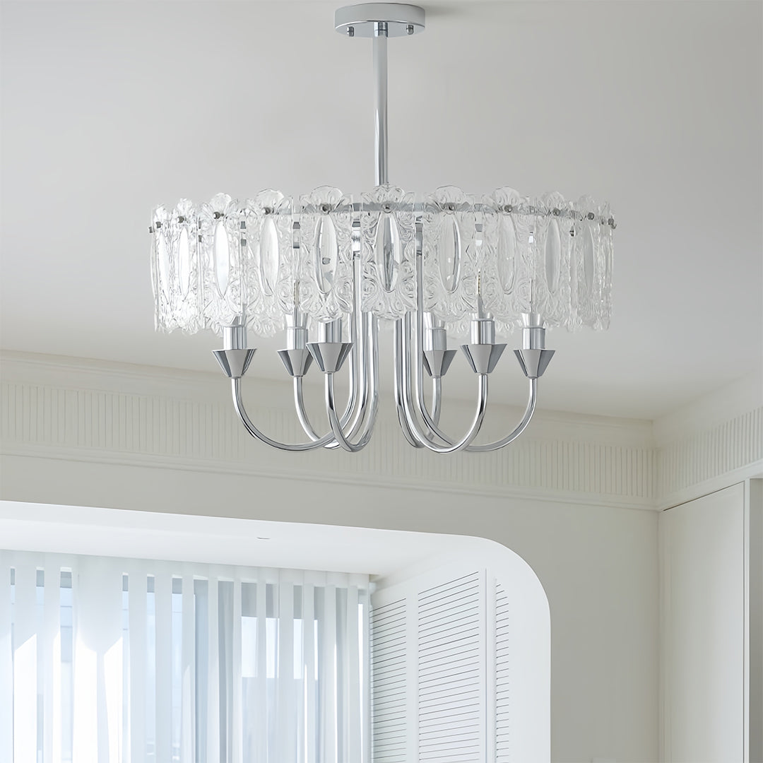 Chrome iron drum chandelier with clear glass, fifth view