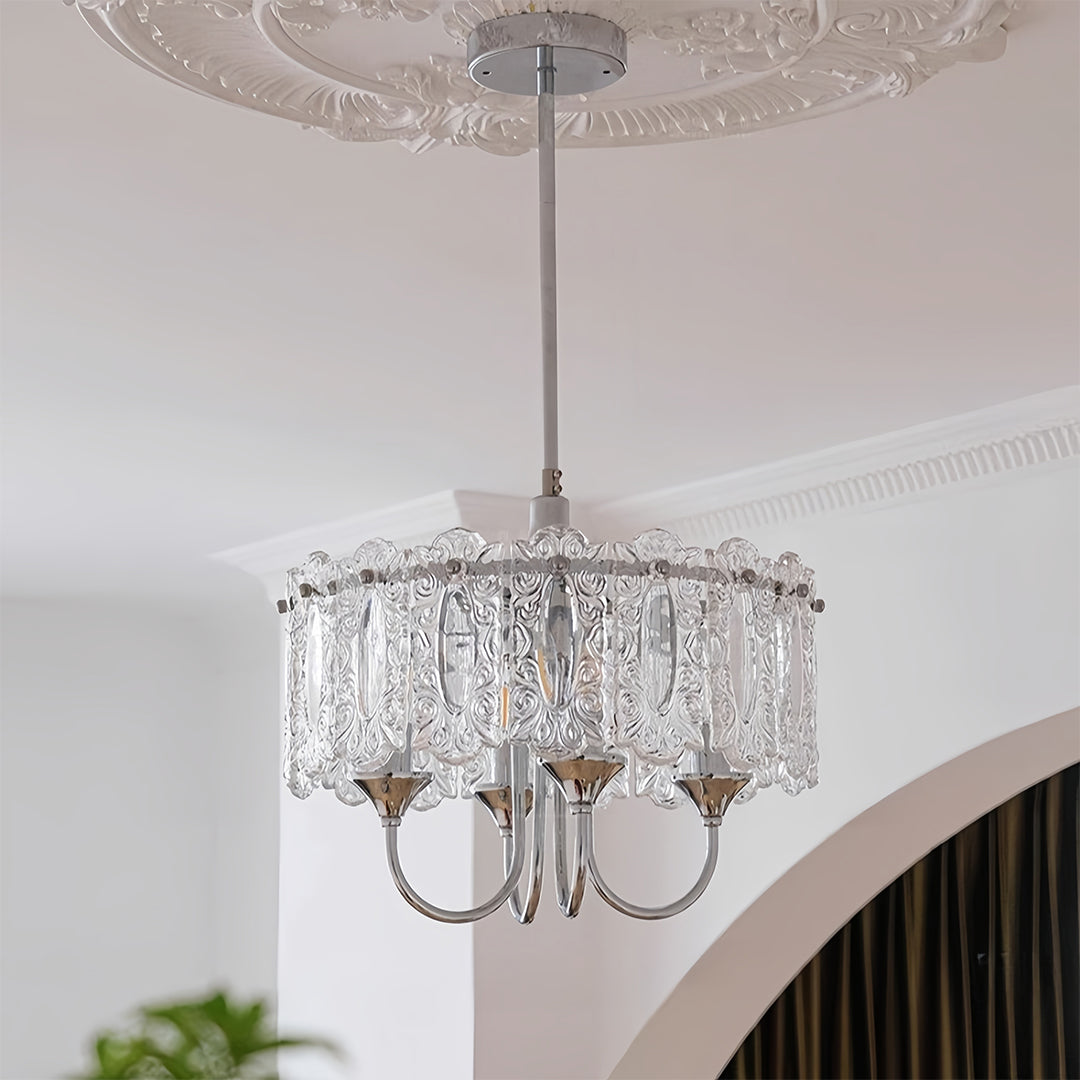 Chrome iron drum chandelier with clear glass, sixth view