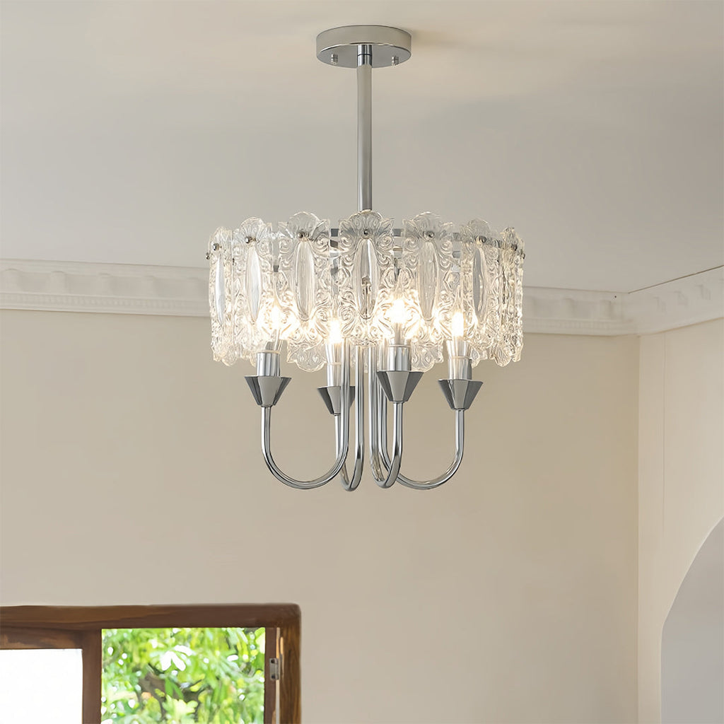 Chrome iron drum chandelier with clear glass, seventh view