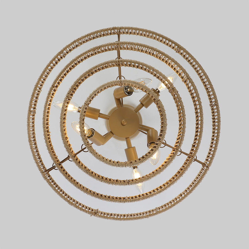Japanese Chandelier, Iron and Jute Rope Zen Ceiling Light for Dining Room, 6 or 8 Lights