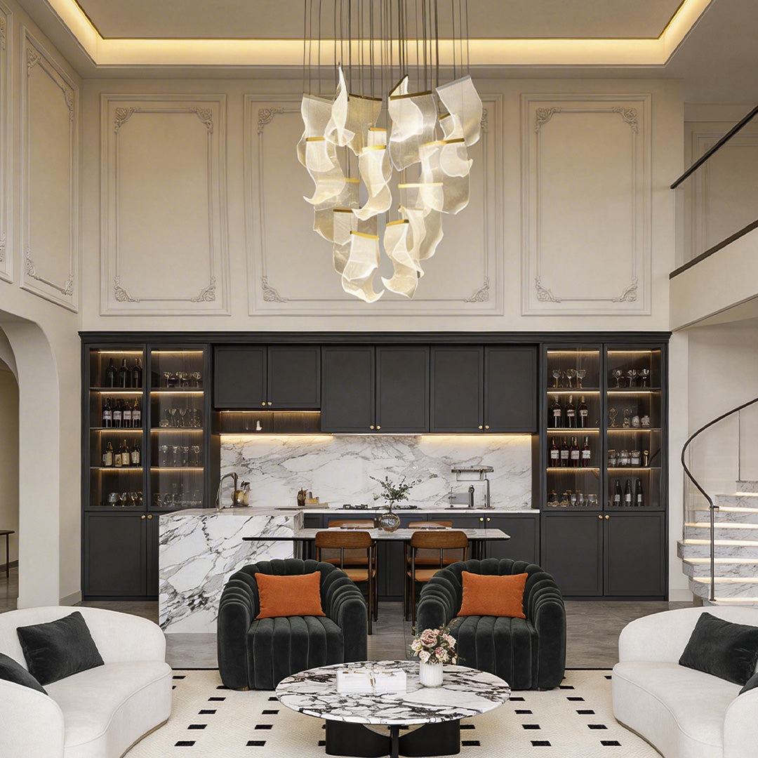 Acrylic ribbon chandelier in a contemporary kitchen