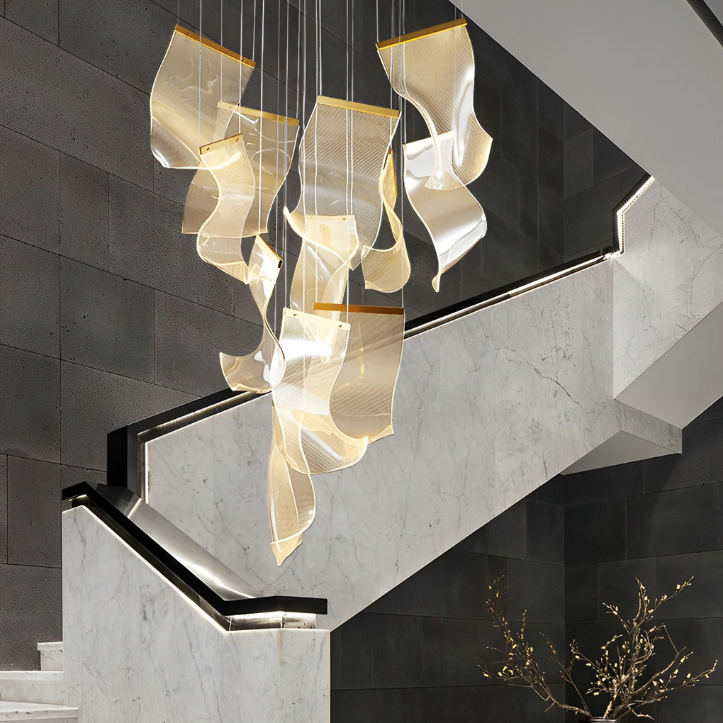Gold finish acrylic chandelier in a contemporary interior