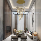 Acrylic ribbon chandelier in a cozy minimalist living room