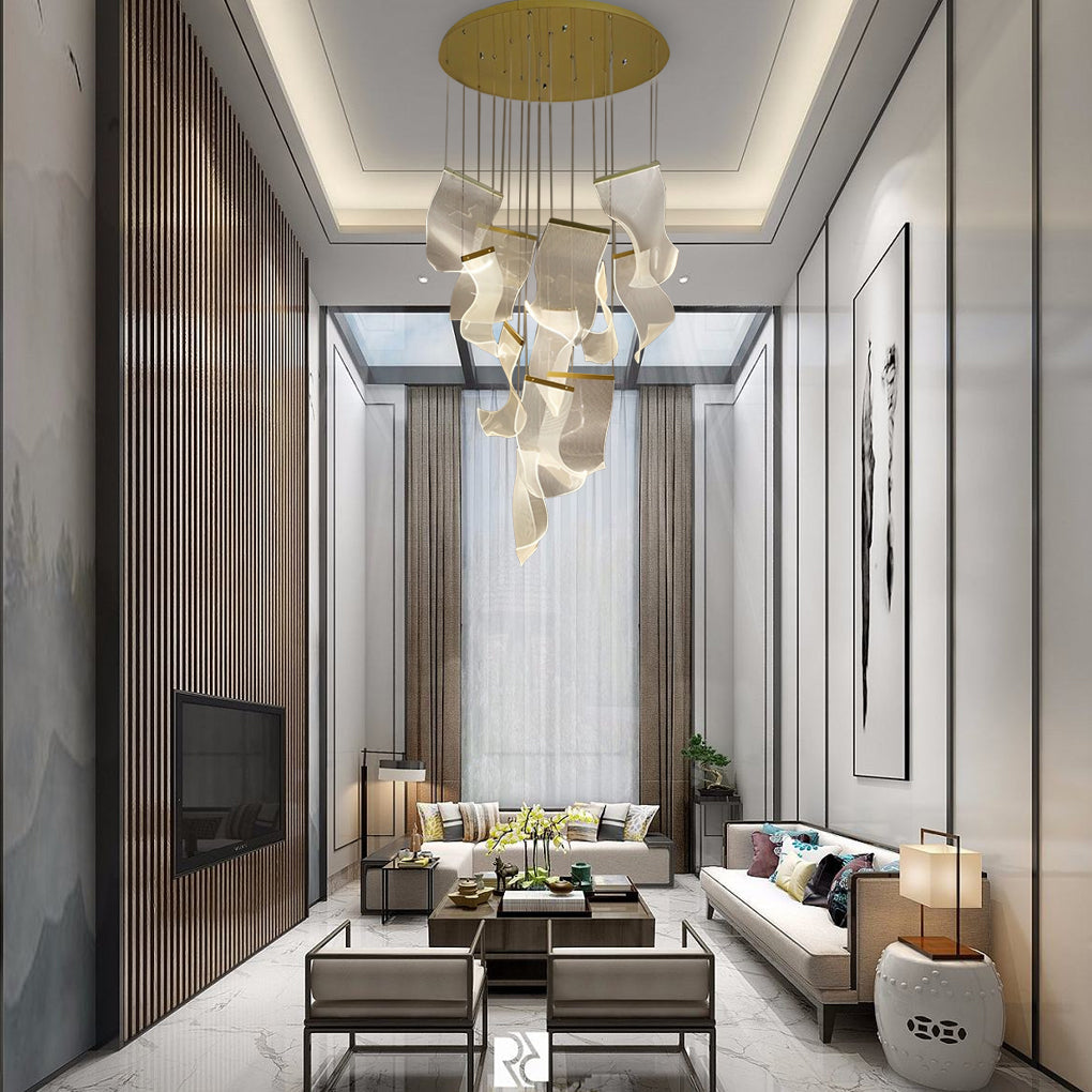 Acrylic ribbon chandelier in a cozy minimalist living room
