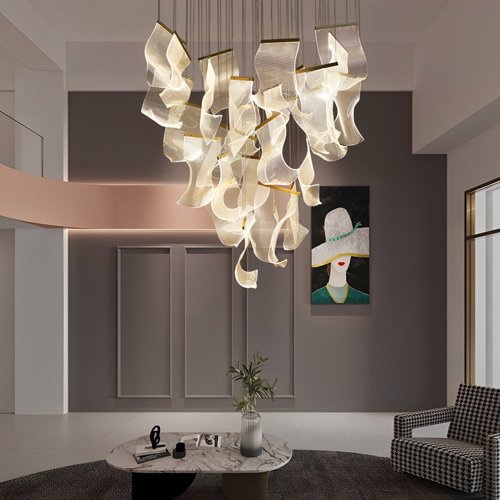 Acrylic ribbon chandelier hanging in a stylish living room