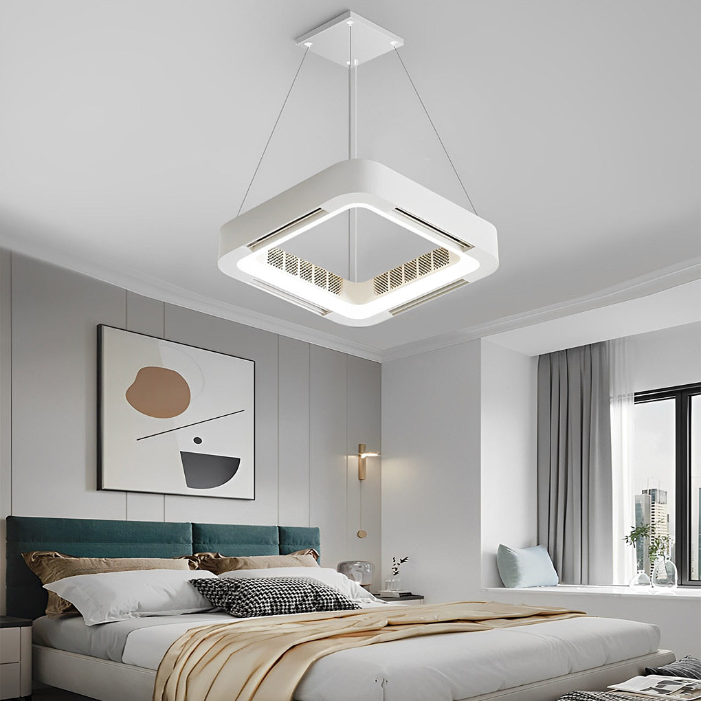 Bladeless ceiling fan casting ambient light in a cozy bedroom