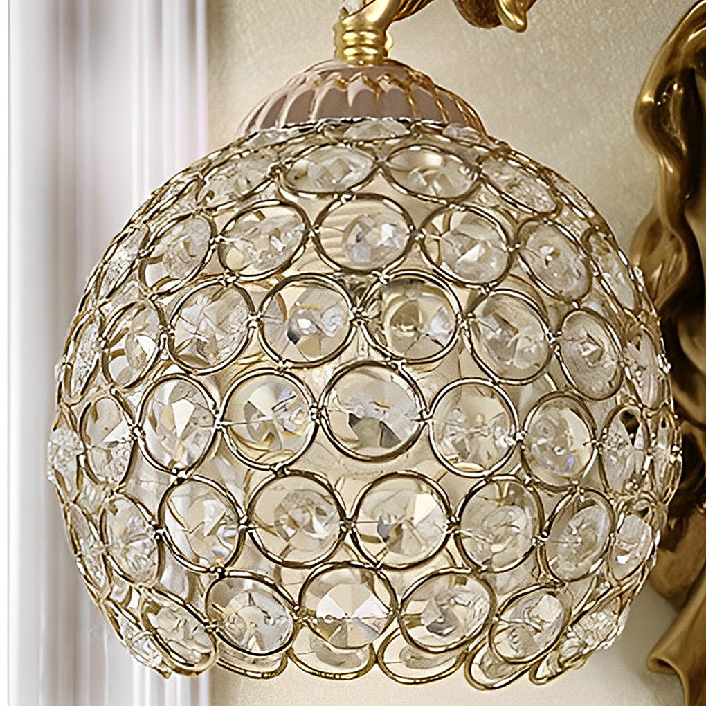 Angel Wall Sconce, European Retro Cast Resin Sculpture Lamp with Crystal Glass Shade, Left or Right Facing for Hallway and Salon Walls