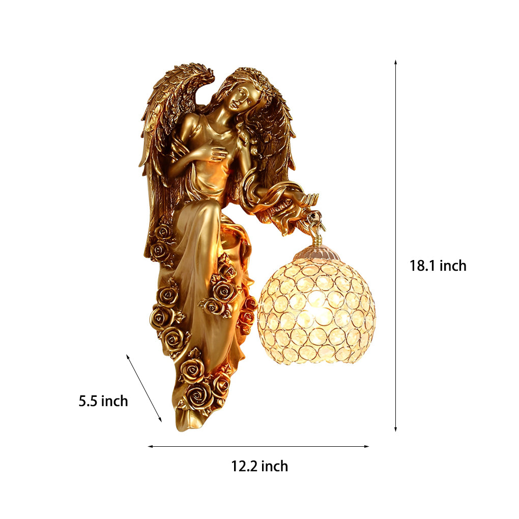Angel Wall Sconce, European Retro Cast Resin Sculpture Lamp with Crystal Glass Shade, Left or Right Facing for Hallway and Salon Walls