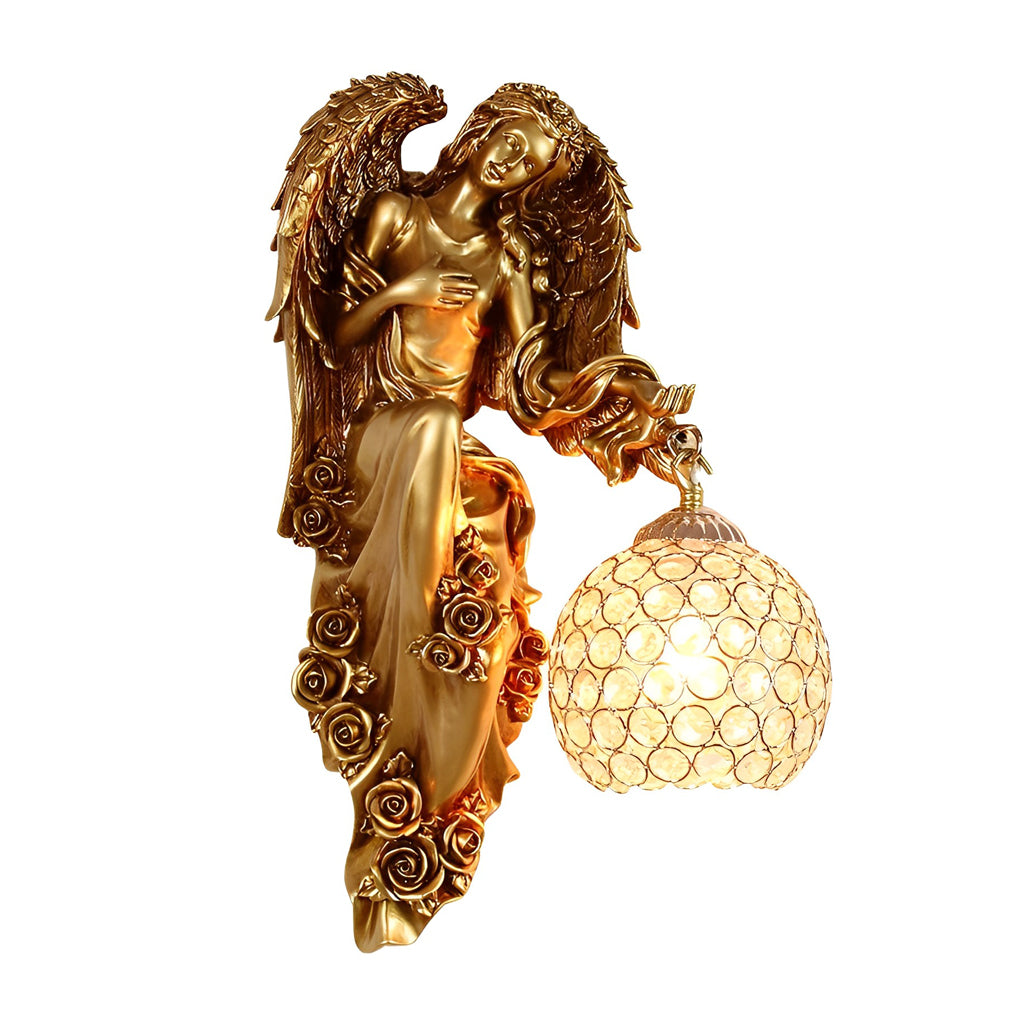 Angel Wall Sconce, European Retro Cast Resin Sculpture Lamp with Crystal Glass Shade, Left or Right Facing for Hallway and Salon Walls