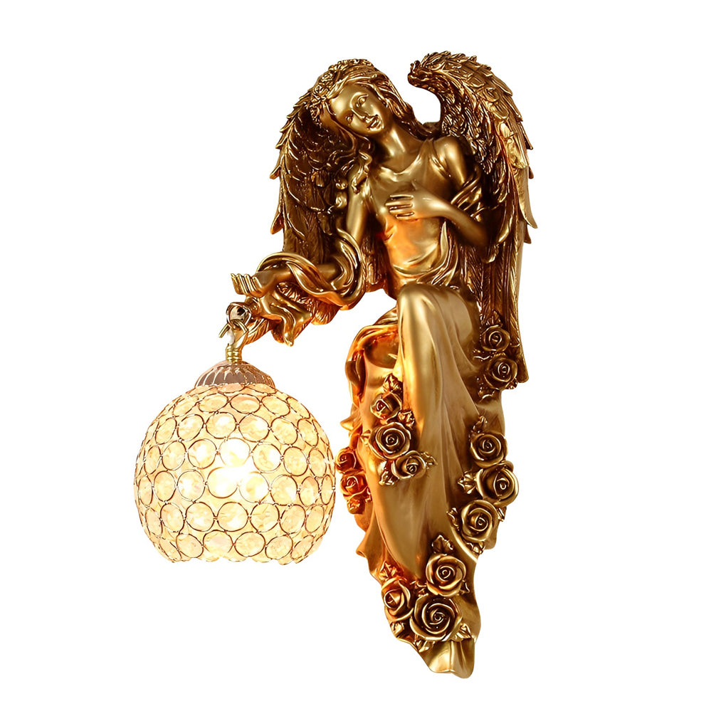 Angel Wall Sconce, European Retro Cast Resin Sculpture Lamp with Crystal Glass Shade, Left or Right Facing for Hallway and Salon Walls
