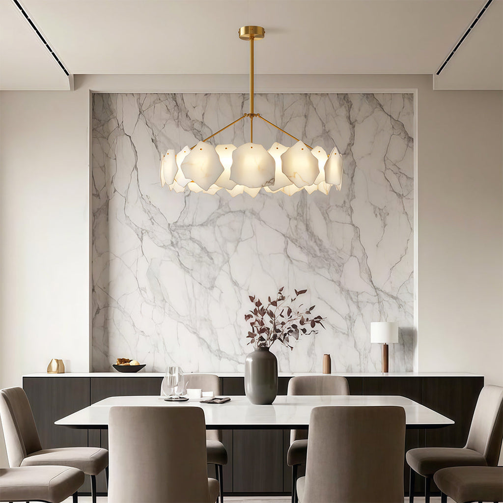 Modern LED Chandelier, Copper and Marble Ceiling Light for Dining Room, 3-Color Temperature