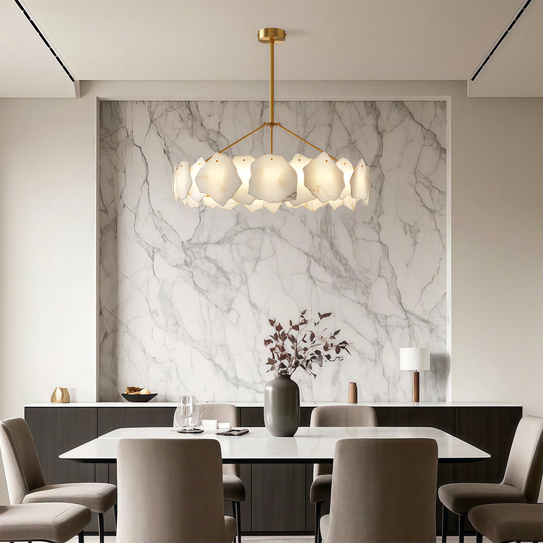Modern LED Chandelier, Copper and Marble Ceiling Light for Dining Room, 3-Color Temperature
