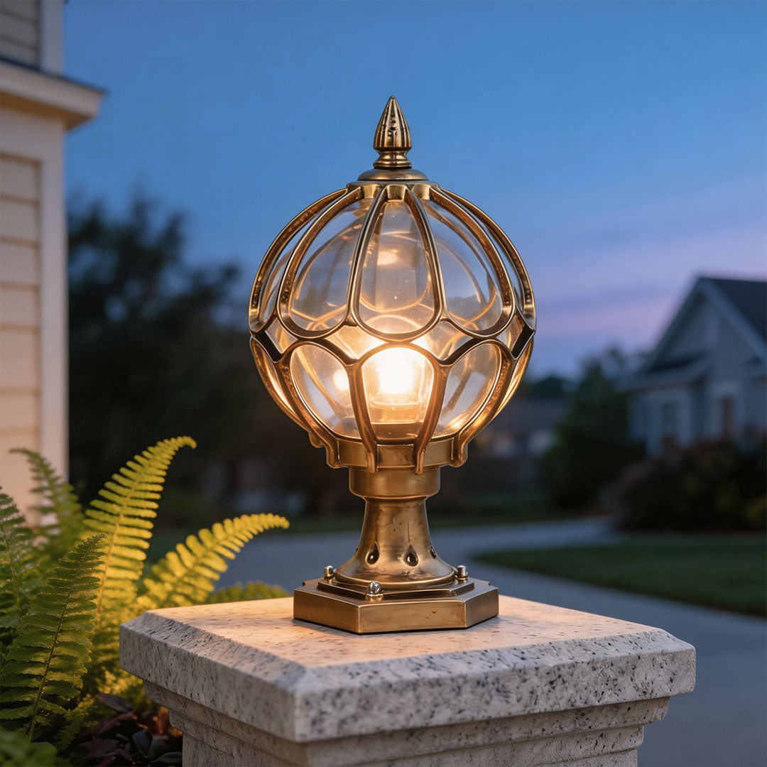 Globe Pillar Post Light, Retro Glass and Metal Fence Post Lantern for Gate Piers and Garden Columns, Black or Bronze in Three Sizes