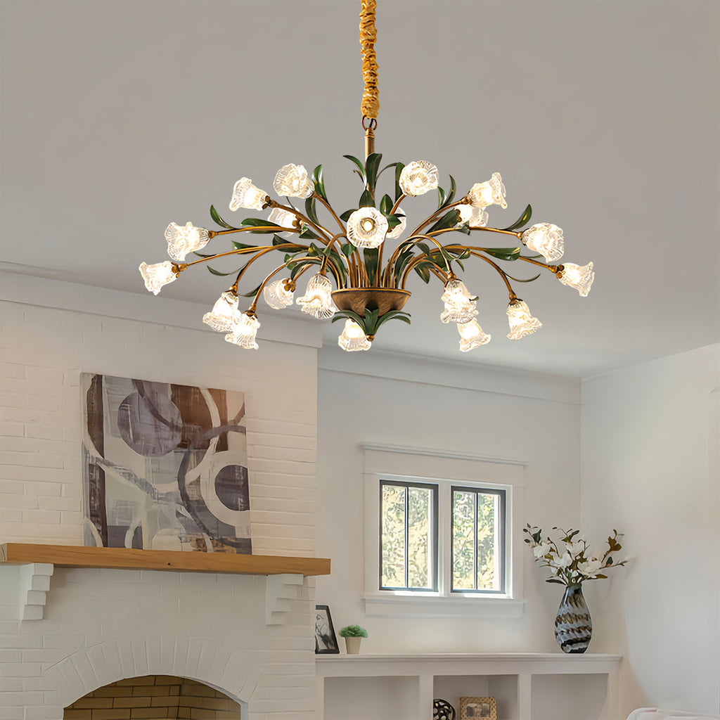 Antique floral chandelier with white flowers above a dining table