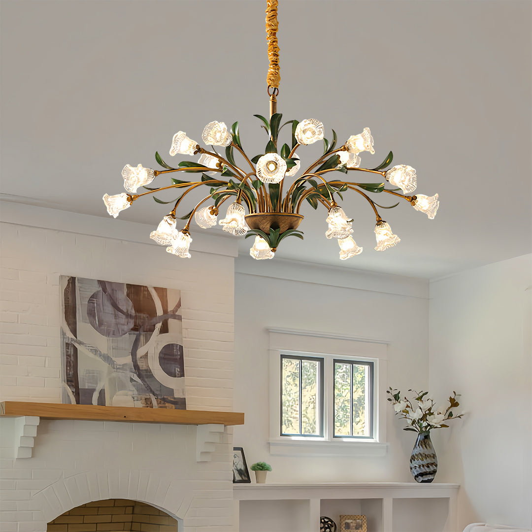 Antique floral chandelier with white flowers above a dining table
