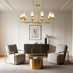 Minimalist copper chandelier in a contemporary lounge