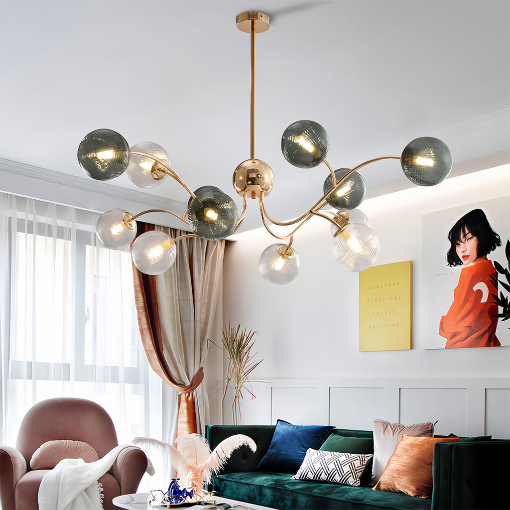 Artistic branch ceiling light in a contemporary living room