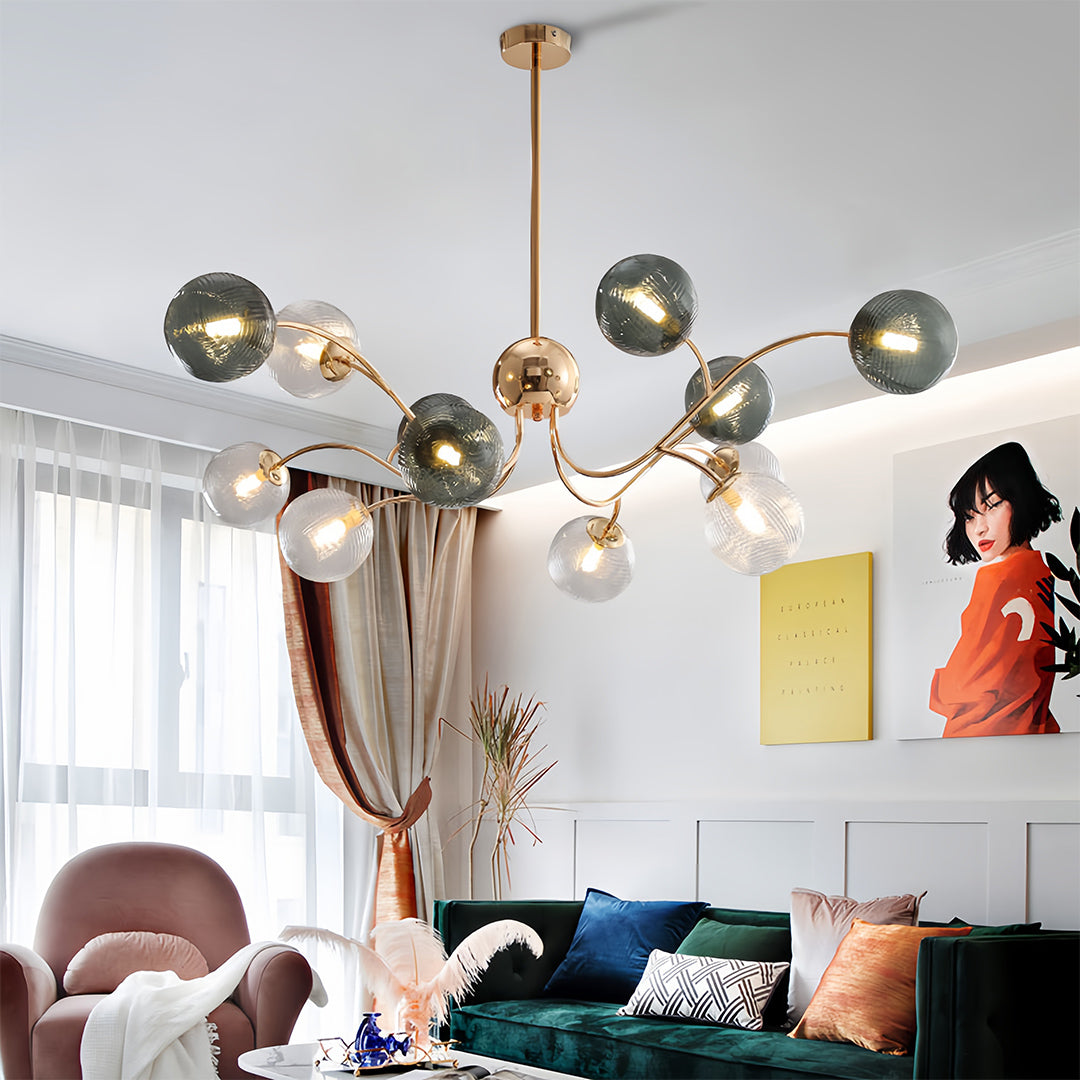 Artistic branch ceiling light in a contemporary living room