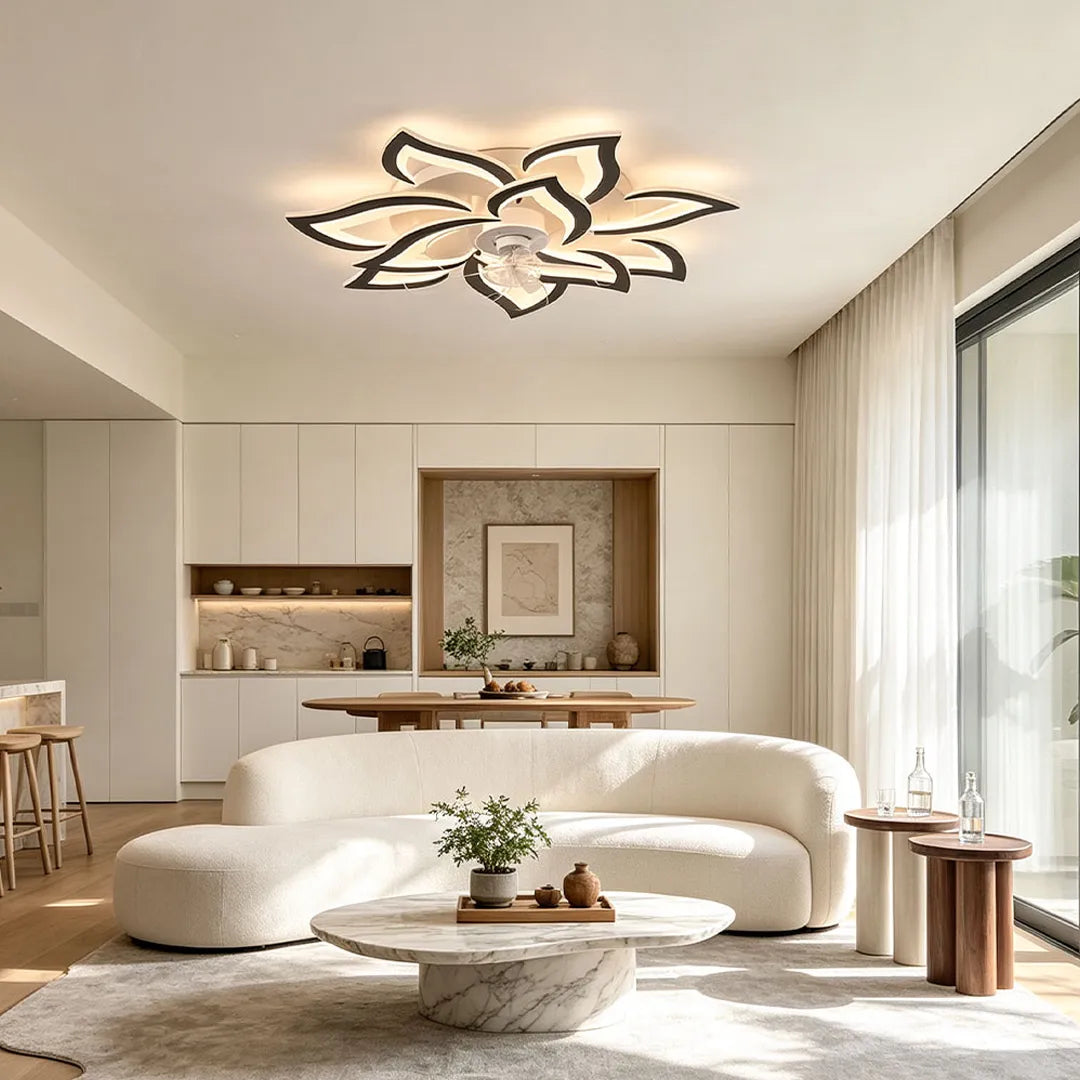 Decorative Ceiling Fan with Light, Nordic Line-Art LED Fixture for Bedrooms and Living Rooms, Stepless Dimming in Five Artistic Styles